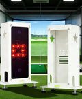 Front and back view of a Protective Shield For Square Golf Launch Monitor Rugged Metal Enclosure With Leveling Feet, indoor use.