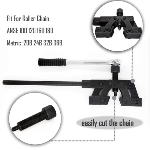 Beefy Roller Chain Breaker Tool For ANSI 100-180 And Metric 20B-36B Chains with hardened pin, black oxide finish, pro grade use