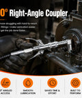 Universal 9 Piece Grease Gun Fittings And Tips Set for Manual Electric and Pneumatic Guns shown with 90° right-angle coupler