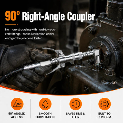 Universal 9 Piece Grease Gun Fittings And Tips Set for Manual Electric and Pneumatic Guns shown with 90° right-angle coupler