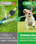 Comparison of PVC hose leaking and 2 Ft Stainless Steel Garden Hose With Male To Female Connector For Reels And Reel Attachments held by dog