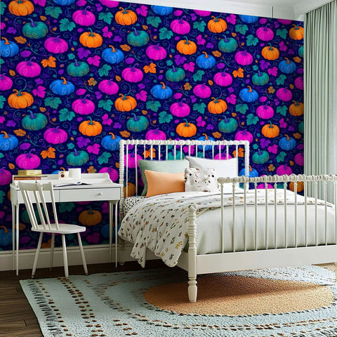 Colorful Pumpkin Botanical Instant Peel And Stick Wallpaper Removable Self Adhesive Wallcovering quick refresh in bedroom decor.
