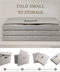 Heavy Duty Fabric Storage Bins With Snap On Lids Stackable Khaki Storage Boxes folded, showing multiple layers on shelf.