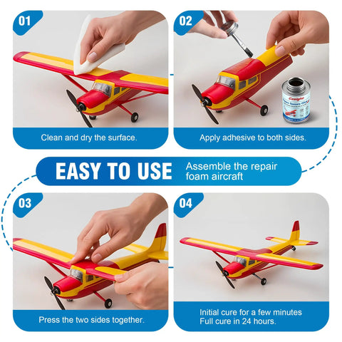 Foam RC Plane Repair Kit With 4 Oz Foam Glue And Hinge Tape Roll Pro Grade Brush Cap Applicator step-by-step repair instructions.
