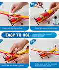 Step-by-step use of Foam Safe RC Glue With Built In Brush Cap for model aircraft repair, showing cleaning, applying, pressing, and curing.