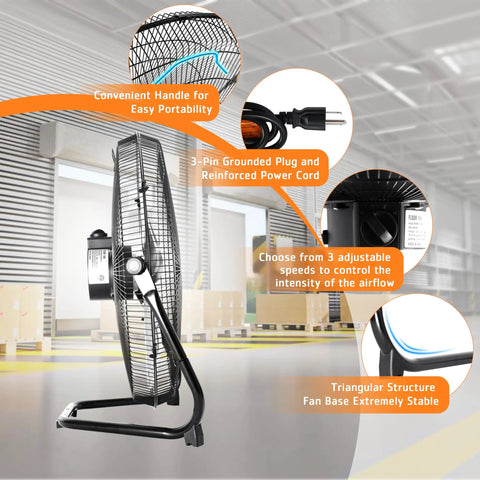 Heavy Duty 20 Inch Industrial Floor Fan With 4650 CFM Airflow shown in warehouse, 3 speed settings, 360 degree tilt, metal construction
