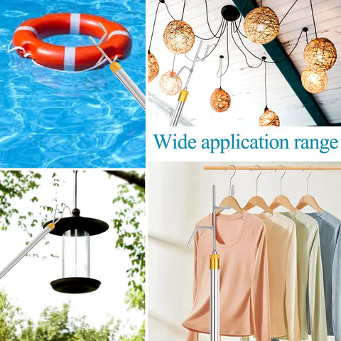 Adjustable 29 To 71 Inch Clothes Line Pole With Dual Hooks for hanging lights, planters, bird feeders, and clothes indoors.