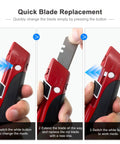 Auto Retracting Utility Knife With Dual Safety System For Fast Box Cutting Blade Auto Retracts When Off The Cutting Surface No Brainer Safety Push Button Release Easy Grip Handle Ideal For DIY Packing And Heavy Duty Work, blade replacement steps