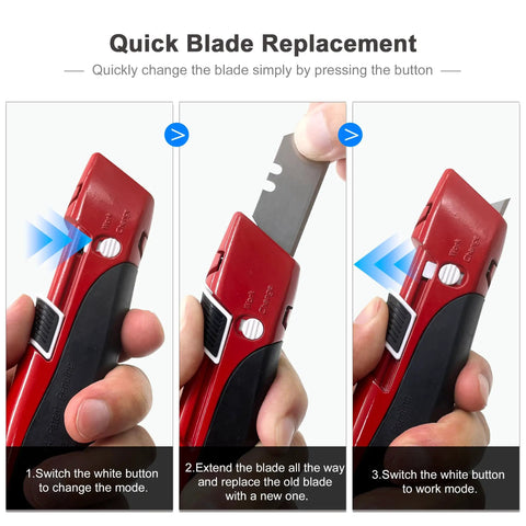 Auto Retracting Utility Knife With Dual Safety System For Fast Box Cutting Blade Auto Retracts When Off The Cutting Surface No Brainer Safety Push Button Release Easy Grip Handle Ideal For DIY Packing And Heavy Duty Work, blade replacement steps