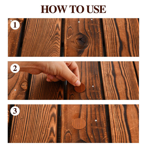 How to use Wood Grain Adhesive Screw Hole Cover Sticker Set, 648 Pieces, 12 Colors, waterproof PVC caps on wood surface.
