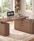 Hustle Ready L Shaped Electric Standing Desk Height Adjustable Executive Table With Walnut Finish Sliding Door Cabinet and printer.
