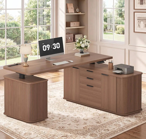 Hustle Ready L Shaped Electric Standing Desk Height Adjustable Executive Table With Walnut Finish Sliding Door Cabinet and printer.