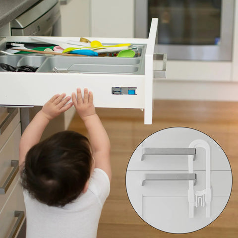 Eight Pack Adjustable U Shaped Cabinet Locks For Baby Proofing And Kid Safe Home Easy Install Cabinet Latches Durable ABS Plastic Keeps Kids And Pets Out Of Cabinets used on kitchen drawer