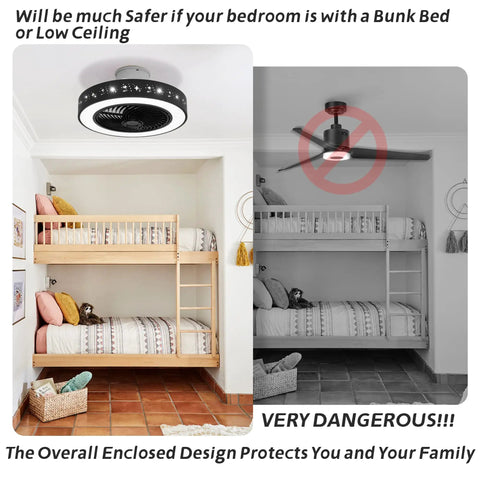 20 Inch Flush Mount Ceiling Fan With Lights And Remote App Control safely installed in room with bunk bed, comparison shown