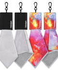 Set of four double-sided microfiber glasses cloths with carabiner clips; two gray VRHGL pouches, two tie-dye pouches; 6-inch.