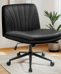 Comfy Cross Leg Chair On Five Wheels For Home Office And Vanity Makeup Setup Armless Swivel Desk Chair With PU Leather Finish Black