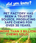 Pet Factory milestone text on scenic field background highlighting over 3 billion chews sold.