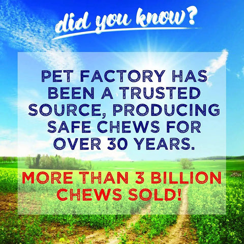 Pet Factory milestone text on scenic field background highlighting over 3 billion chews sold.