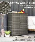 Sturdy Wicker Outdoor Storage Cabinet With Four Shelves And Two Doors, mixed gray, in patio with plants, weather resistant steel frame.