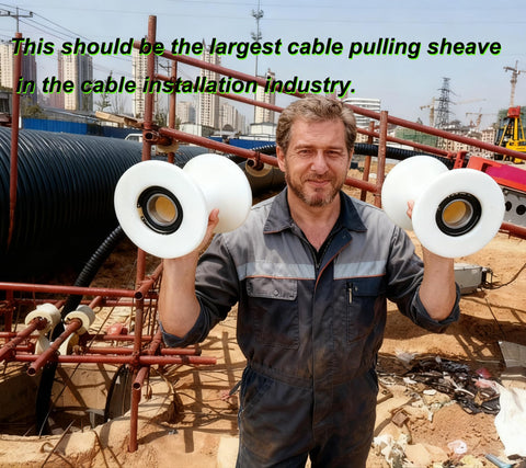 Construction worker holding Heavy Duty Cable Pulley Sheave For Large Scale Wiring Projects And Industrial Laying Built Tough With High Load Smooth Pulling Wire Pulling Sheave 7x8 Pulleys For Construction And Tunnel Installations.