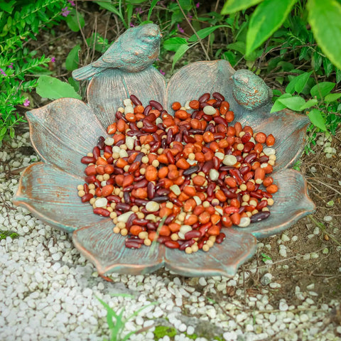 Antique Resin Bird Bath For Outdoors, Flower Shaped Garden Bird Bath With Vintage Bird Ornament filled with seeds on ground