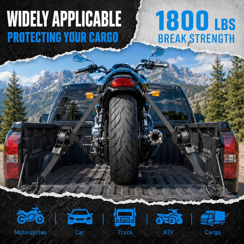 Tough As Nails Retractable Ratchet Straps 4 Pack Heavy Duty Tie Down Cords securing a motorcycle in a truck bed.