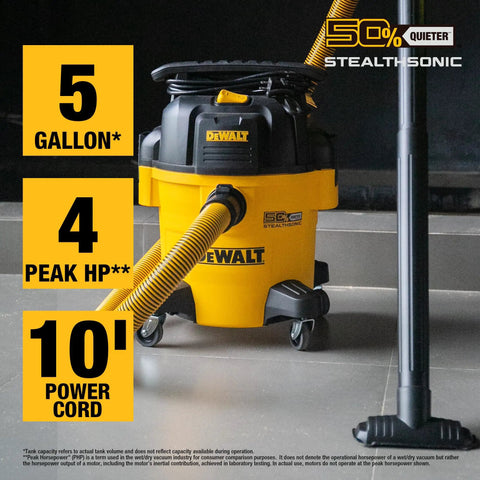 5 Gallon Wet And Dry Shop Vacuum With StealthSonic Quiet Motor 4 HP Power Ultra Quiet Poly Vacuum with hose and cord