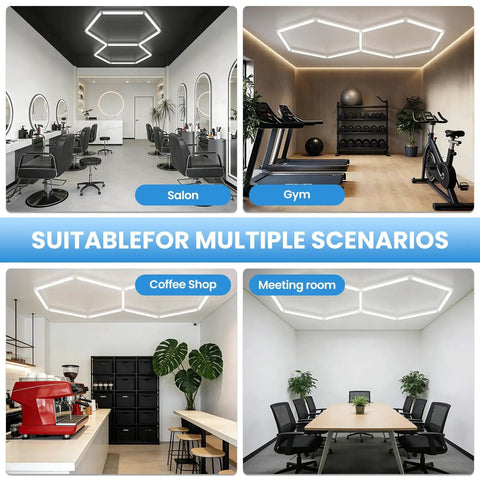 Hexagon LED Garage Light 72W 6500K Daylight White with 11 panels, shown in salon, gym, coffee shop, and meeting room settings