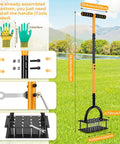 Lawn Aerator Tool With 16 Spikes And Spring Base Preassembled Manual Yard Aerator Kit shown with assembly parts and gloves