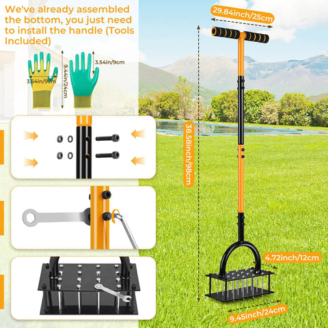 Lawn Aerator Tool With 16 Spikes And Spring Base Preassembled Manual Yard Aerator Kit shown with assembly parts and gloves