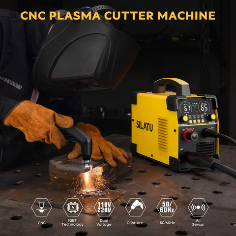 Person using 65 Amp Non HF Plasma Cutter With Blowback Pilot Arc CNC Ready Dual Voltage 110 And 220V on metal, displaying sparks