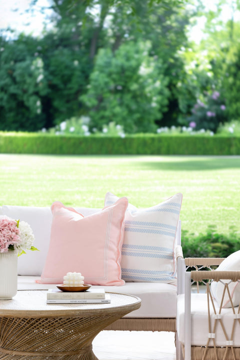 Coastal Chic 20x20 Throw Pillow Cover With Scalloped Border, Blush Pink Embroidered Frame, Reversible Solid Back on outdoor couch