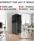 Heavy-Duty 37U Floor Standing Server Rack Cabinet 19 Inch 32 Inches Deep in modern office setup with desks and plants.