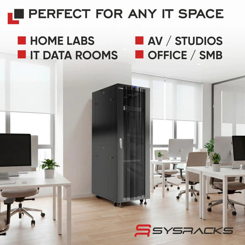 Heavy-Duty 37U Floor Standing Server Rack Cabinet 19 Inch 32 Inches Deep in modern office setup with desks and plants.