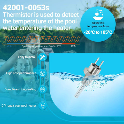 Heater Thermistor Replacement Sensor 42001-0053S For Pentair Sta Rite displayed over water with features and temperature range