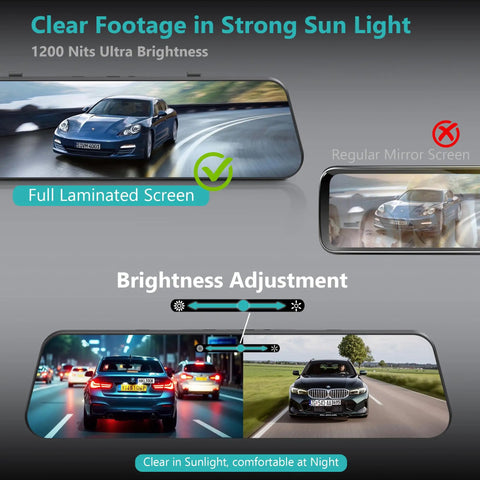 12 Inch 4K Front And Rear Mirror Dash Cam With Crystal Clear Night Vision And Parking Monitor showing brightness adjustment and laminated screen.