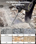 Demonstration of 6-Piece SDS Plus Chisel Set For Rotary Hammer Drill With Point, Flat, And U-Groove Chisels in use on concrete.