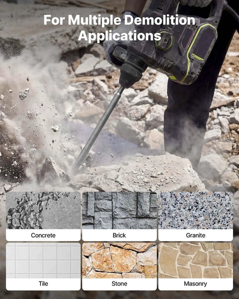 Demonstration of 6-Piece SDS Plus Chisel Set For Rotary Hammer Drill With Point, Flat, And U-Groove Chisels in use on concrete.
