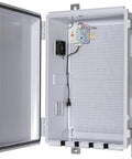 Open Outdoor Electrical Enclosure With Thermostat And Fan, Ventilated All Weather Box For Indoor Or Outdoor Use, gray cover visible