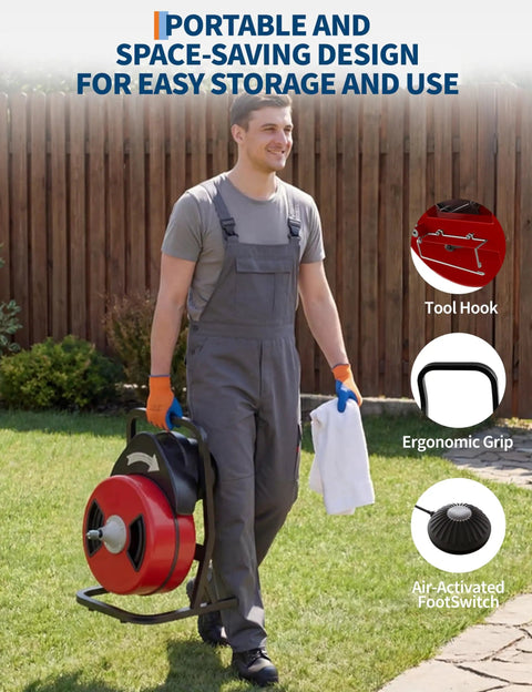 Man carrying 50 Foot By Half Inch Automatic Feed Drain Cleaning Machine Sewer Snake Auger With Cutter, ergonomic grip.