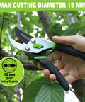 Close-up of Bypass Pruning Shears 8.5 Inch With Non Slip Grip Handle cutting a branch, showing 15 mm cutting diameter.