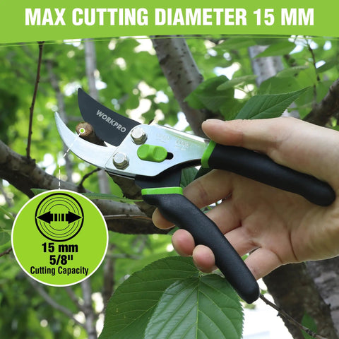 Close-up of Bypass Pruning Shears 8.5 Inch With Non Slip Grip Handle cutting a branch, showing 15 mm cutting diameter.