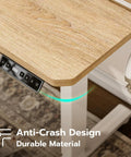 Close-up of L Shaped Electric Standing Desk with oak finish, control panel, hook, and cup holder for home office and gaming.