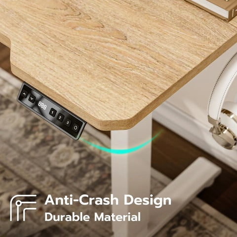 Close-up of L Shaped Electric Standing Desk with oak finish, control panel, hook, and cup holder for home office and gaming.