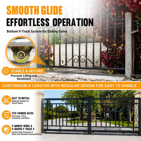 Built Tough 24 Foot Sliding Gate V Track Kit Featuring Four 6 Foot Galvanized Steel Sections With Precision V Groove Wheels That Run Like Butter For Reliable Access Control, showcasing smooth operation and installation.