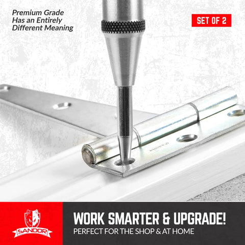 Pro Grade Automatic Center Punch With Hardened Steel Body And Knurled Grip Adjustable Tension Stroke For Heavier Cleaner Marks Five And A Quarter Inch Length Eleven Sixteenth Inch Punch Diameter Pack Of Two For Wood Metal Aluminum Brass Copper on hinge.