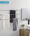 Stainless Steel 3-Tier Ladder Towel Rack With Wall Mount In Polished Chrome displayed in bathroom setting.