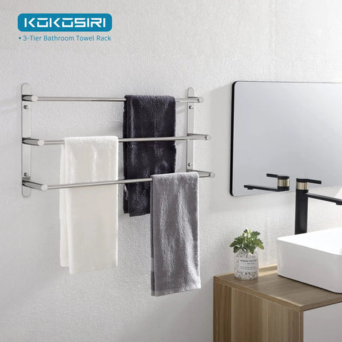 Stainless Steel 3-Tier Ladder Towel Rack With Wall Mount In Polished Chrome displayed in bathroom setting.