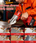 Cordless Metal Cutter With Rotating Head used by worker; cutting various materials like PVC, stainless steel, and aluminum.