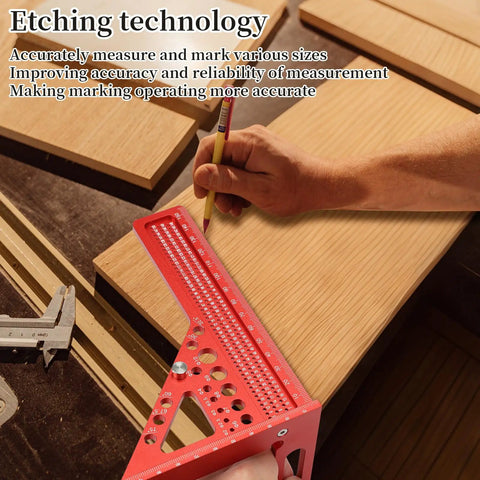 Built Tough Aluminum Multi Angle Measuring Ruler With Quick Snap Angle Pin for precise marking on wood surface.